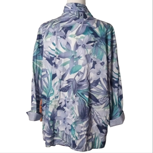 Vintage Alfred Dunner Tropical Botanical Print Blue Gingham Contrasting Cuff 20 - Picture 4 of 8